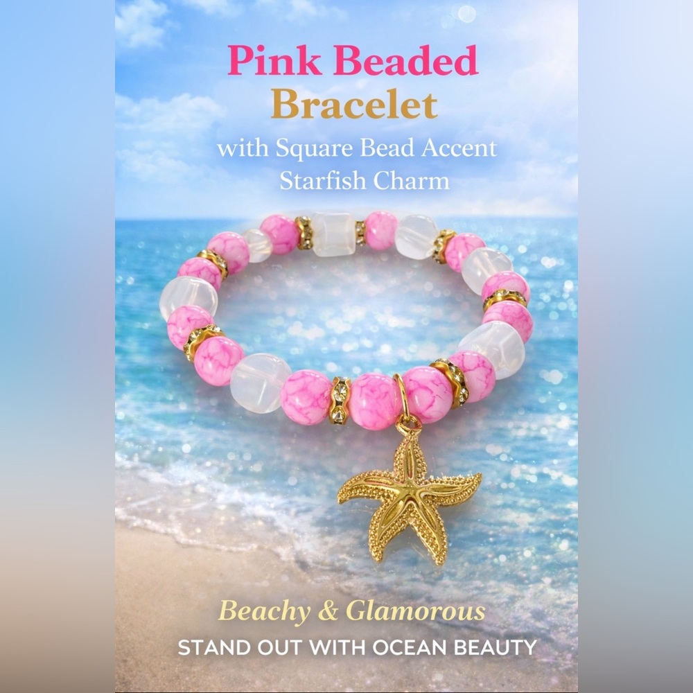 Pink & White Starfish Charm Beaded Bracelet - Gold Accent